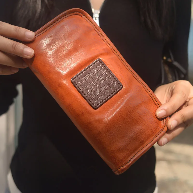 Retro Vintage Tanned Cowhide Wallet Large Capacity Long Zipper Handheld Genuine Leather Wallet Multiple Card Slots for Youth
