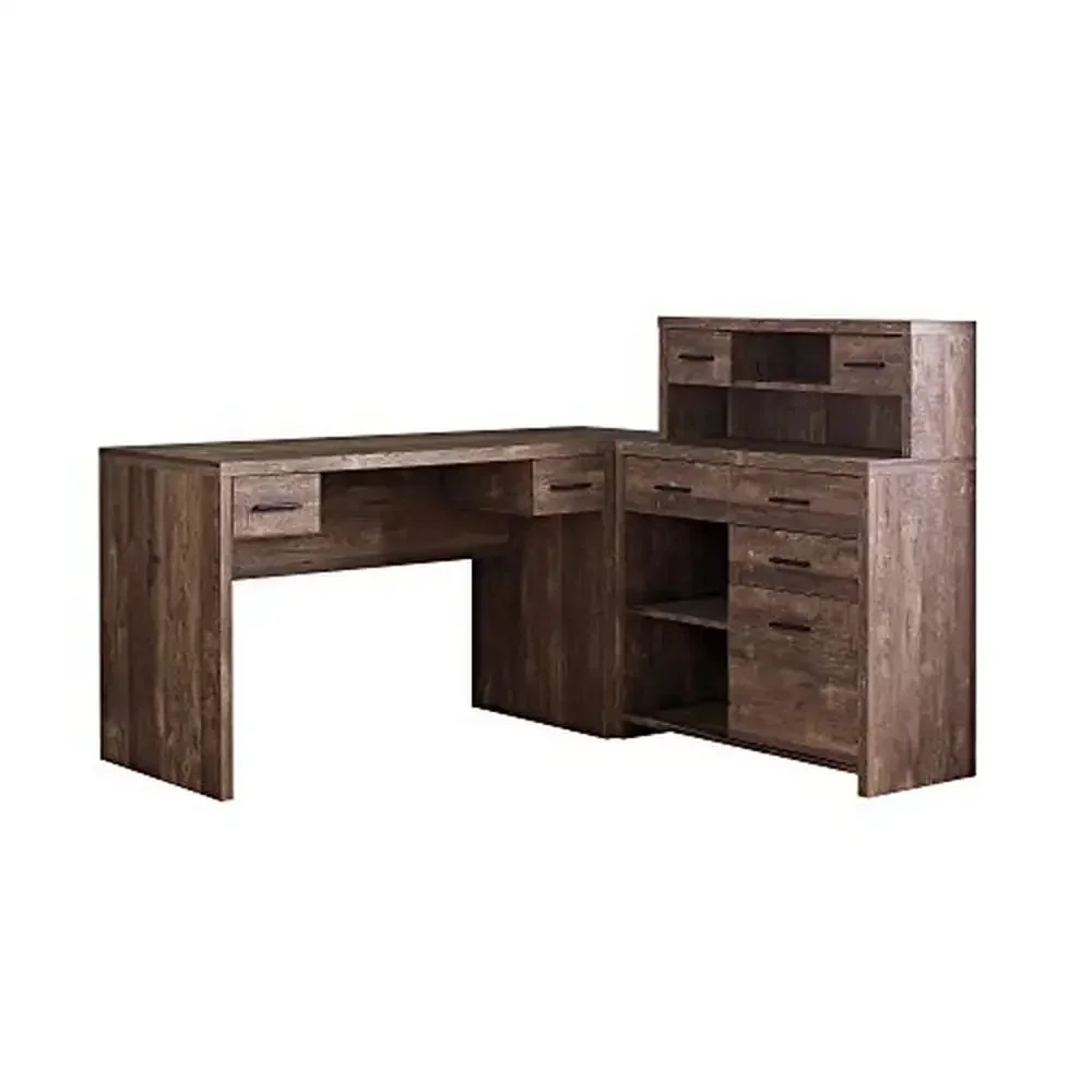 

L-Shaped Computer Desk with Hutch & 8 Drawers 110lbs Capacity Reversible Configuration Brown Reclaimed Wood Home Office Corner