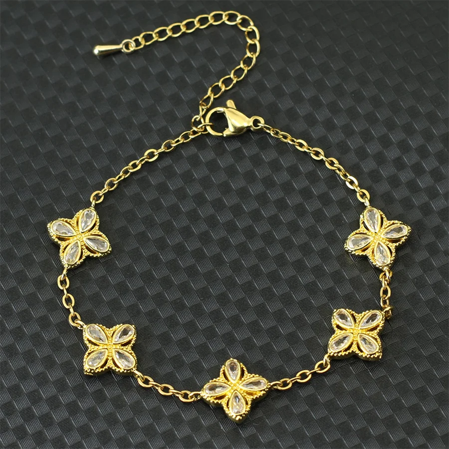 Exquisite Four Petals Chain Bracelet Women Gold Color 3 Styles Colorful Zircon Lobster Clasp Charm Braclet Girlfriend Gift Joias