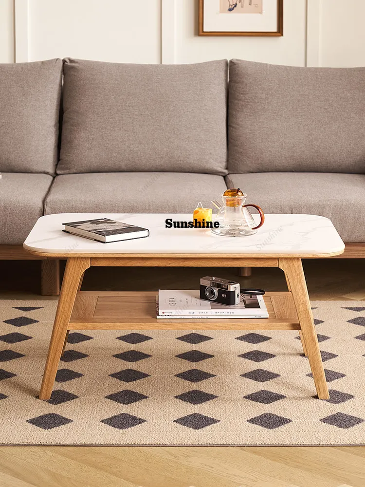 

Solid wood rock slab coffee table simple modern small apartment living room household tea table double-layer tea table