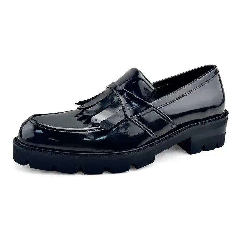 

British Genuine Leather Tassel Casual Platform Shoes Men Loafers Thick Soles Height Increasing Black Office Dress Leather Shoes