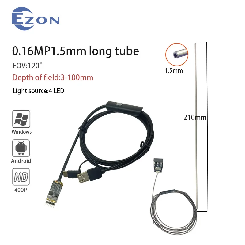 

0,16 МП 1,5 мм 120 ° Широкоугольная промышленная эндоскопическая камера с длинной трубкой, осмотр двигателя, USB-эндоскопическая камера 3-в-1 + плата декодера