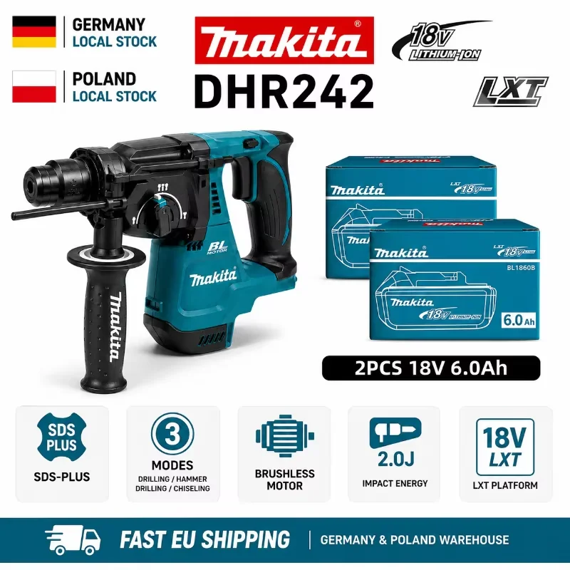 Image of Original Makita DHR242 18V Bohrhammer mit Original BL1860B 6,0Ah Akku, bürstenloser SDS-Plus Betonhammer, 24mm, 4700 BPM, professionelles Elektrowerkzeug, EU-Lager
