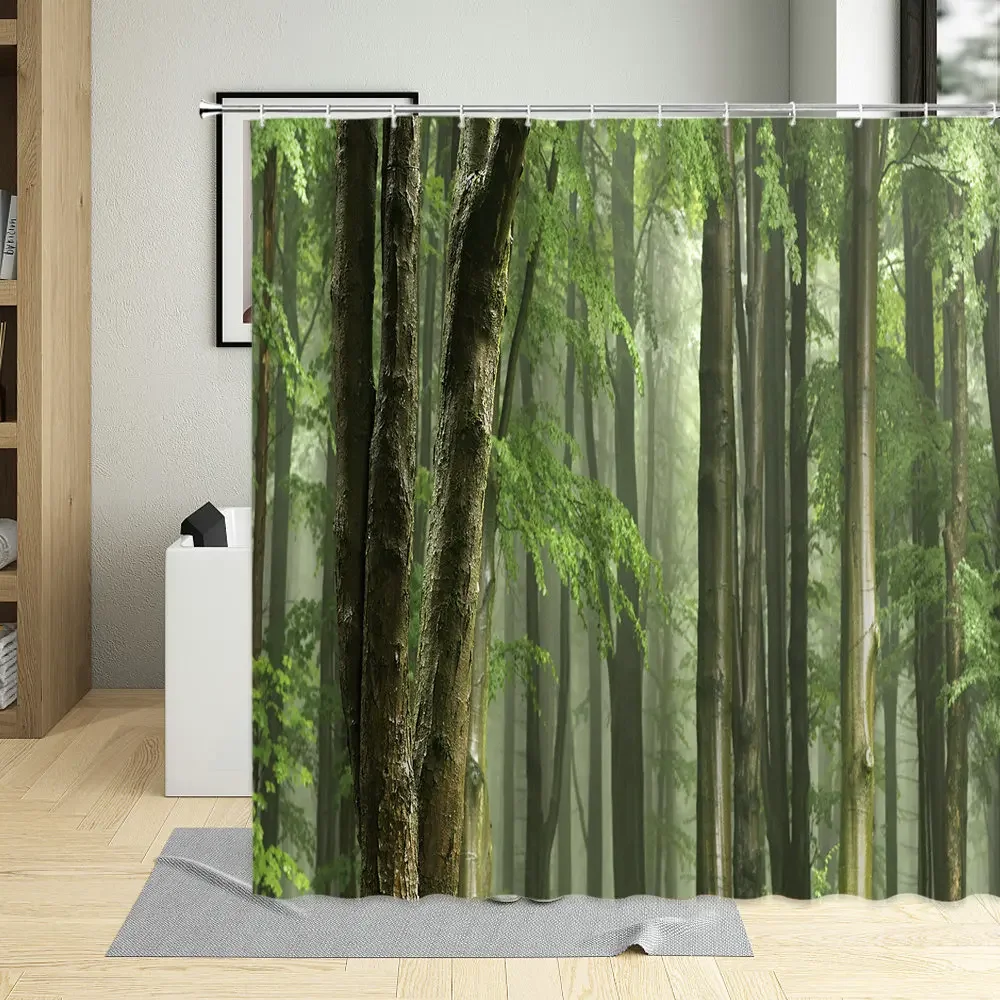 Psychedelic Green Forest Scene Bathroom Curtains Fantasy Fog Sunlight Scenery Shower Curtain Set Polyester Fabric Bathtub Decor