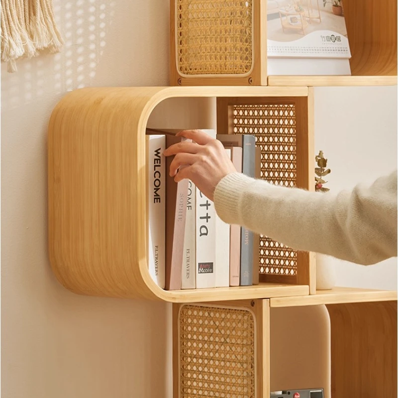 Creative Multi-Layer Rattan Bookcase with Irregular Shapes Floor Display Shelf Minimalist Bookshelf Storage Rack for Living Room