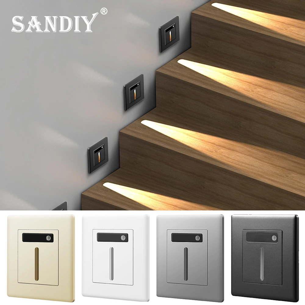 SANDIY  مصباح حائط حساس كشف الحركة مصباح درج ضوء الليل راحة لخطوات الشرفة غرفة النوم 2 وات مصباح سفلي أمان زجاجي إنارة زجاجية داخلية إضاءة سلالم منزلية طراز حديث 110 فولت / 220 فولت أبيض رمادي أسود