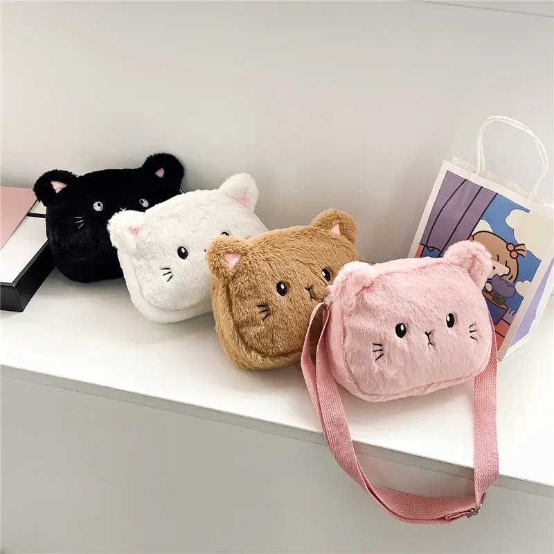 Saco crossbody do gato dos desenhos animados das crianças, bolsas peludas, porta-moedas, bolsa de ombro, pelúcia macia, bonito, moda inverno, meninos, crianças, meninas do bebê