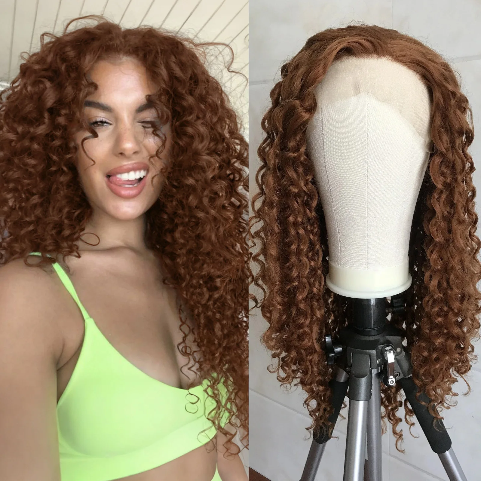 

Ginger Brown Afro Kinky Curly Synthetic Hair Free Part Chocolate Brown Loose Curly Glueless Lace 13X4 Frontal Wigs for Women