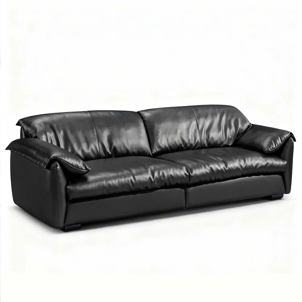 Modern Genuine Leather L-Shape Sectional Sofa Three Seater Villa Living Room Furniture Set Black Cowhide Upholstered