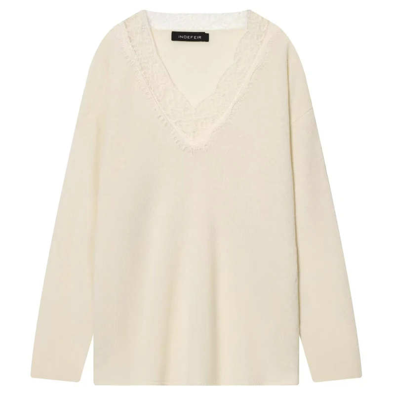 HXAO الدانتيل البلوز المرأة سترة الخريف 2025 السيدات موضة خفيفة الخامس الرقبة طويلة الأكمام لاعبا شيك البيج الصوف المخلوطة تريكو