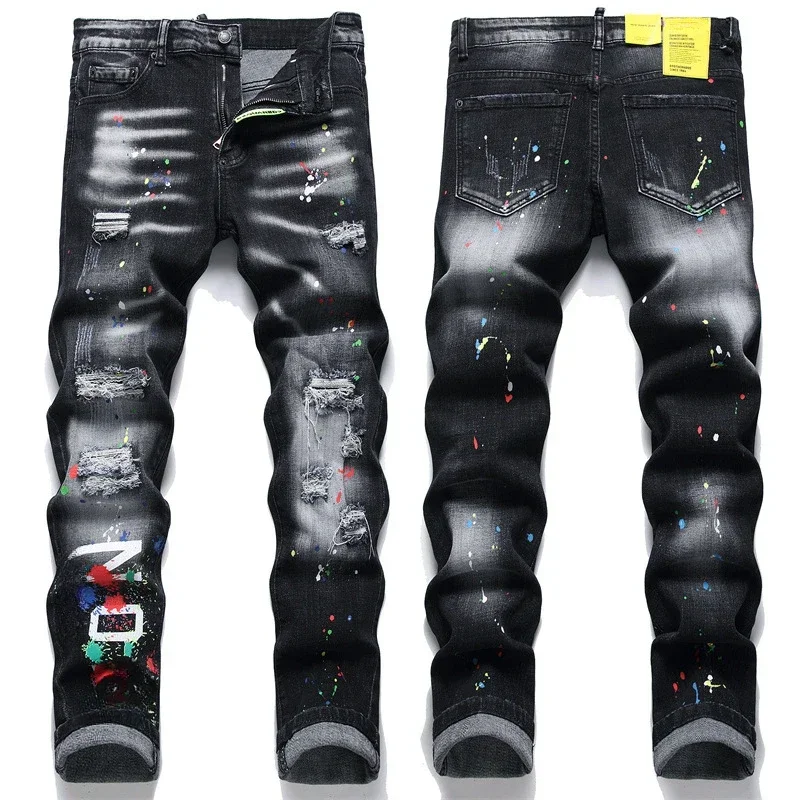 Ltalian High Street Style Denim Pants Men Black Ripped Denim Jeans Holes Jeans High Quality Male Slim Fit Denim Trousers Size 38