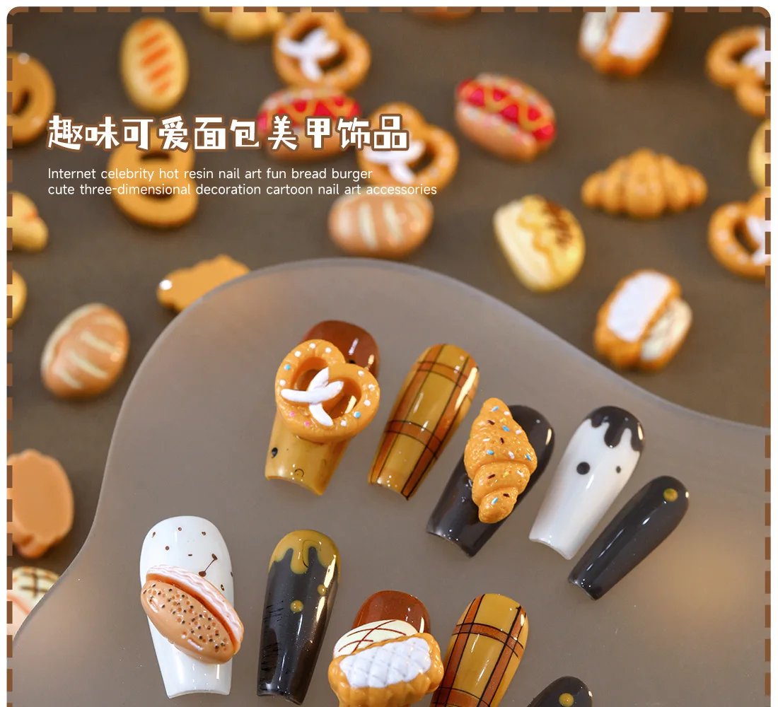 20pcs Mini Cartoon Cream Dessert Resin Nail Charms Jewelry Cute Bread Nail Art Decorations Accessories DIY Manicure Tools Parts