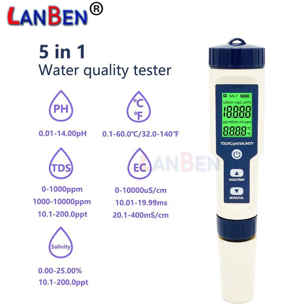 

pH Meter 5 in 1 TDS/EC/PH/Salinity/Temperature Meter Digital Water Quality Monitor Tester for Pools, Drinking Water, Aquariums