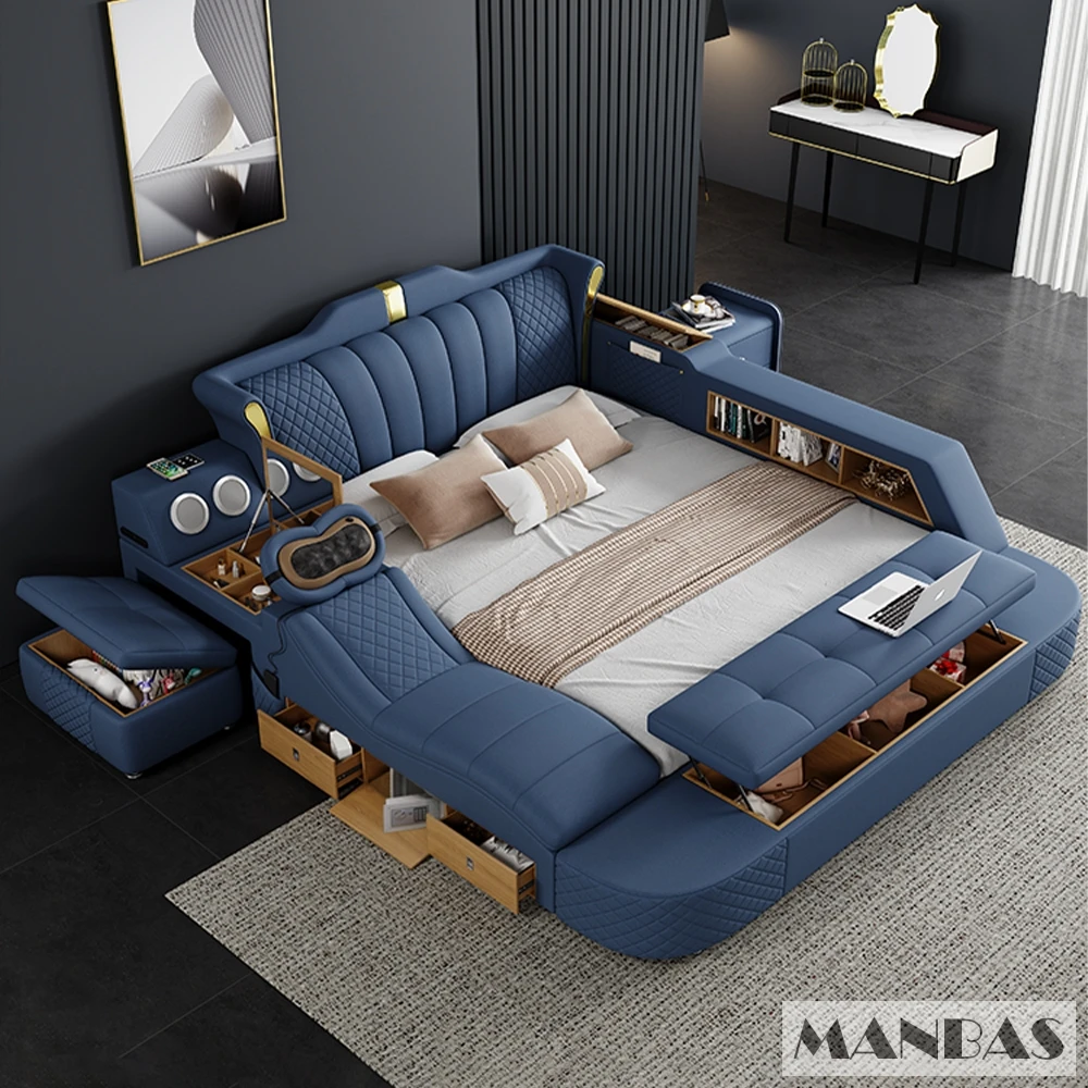 Modern Tech Smart Genuine Leather Bed with Massage, Bluetooth Speakers & USB – Luxury Multifunctional King Size Bed with Ottoman