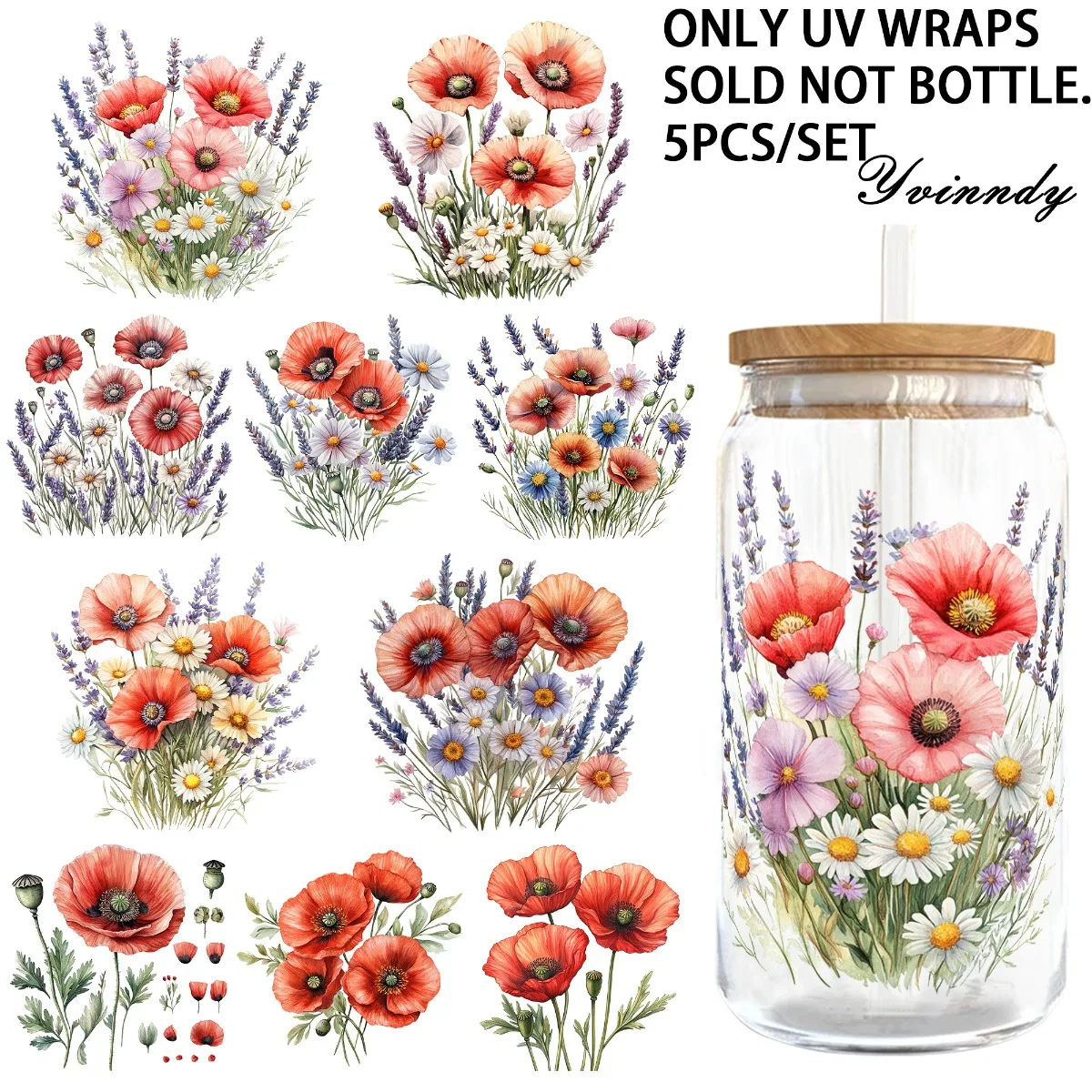 

Набор из 5 шт. УФ-ДТФ самоклеящейся бумаги для переноса изображений на стекло, 16 унций, с рисунком весенних маков, для декорирования кружек