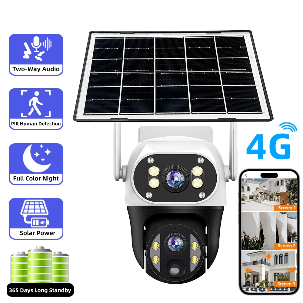 V380 8MP Dual Lens 4G Camera Solar PIR Human Detection Night Vision Waterproof Security Video IP Camara 4K Battery CCTV Monitor
