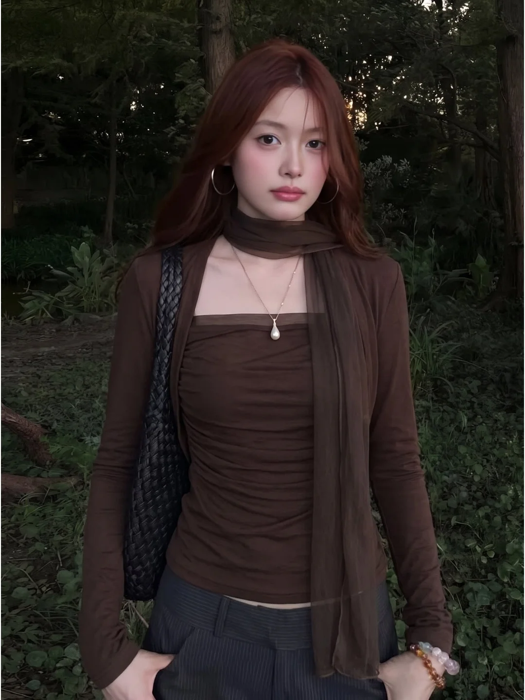 Café Brown Mesh Scarf Shoulder Length Long Sleeve Women's T-shirt Slimming Korean Style Top for Autumn Casual Breathable