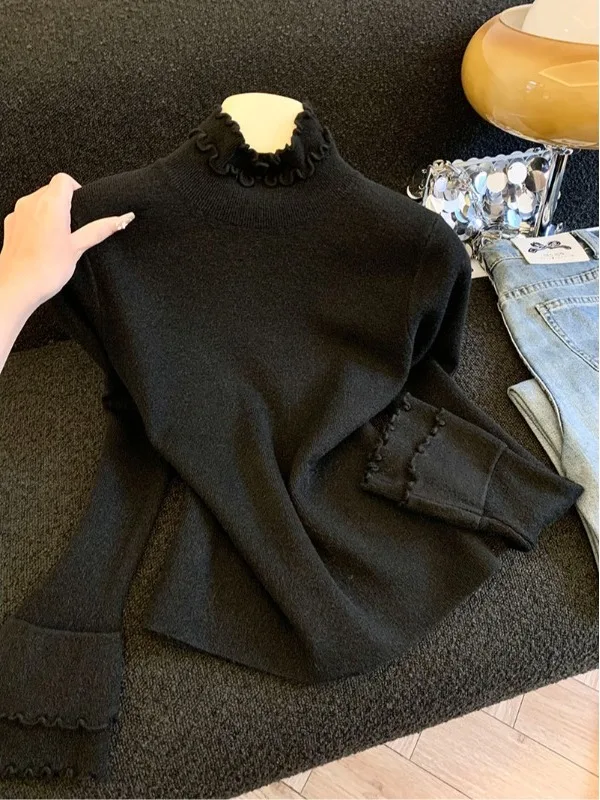 French Style Knitted Long Sleeve Sweater Women's High Collar Slim Fit Overhead Base Shirt Autumn Winter Fashion Design Bell B... view 4