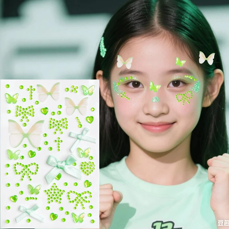 Autocollant 3D pour visage d'amour doux, 1 pièce, avec nœud rose et rouge, décoration de maquillage, Performance avec colle de support, autocollant sans trace *