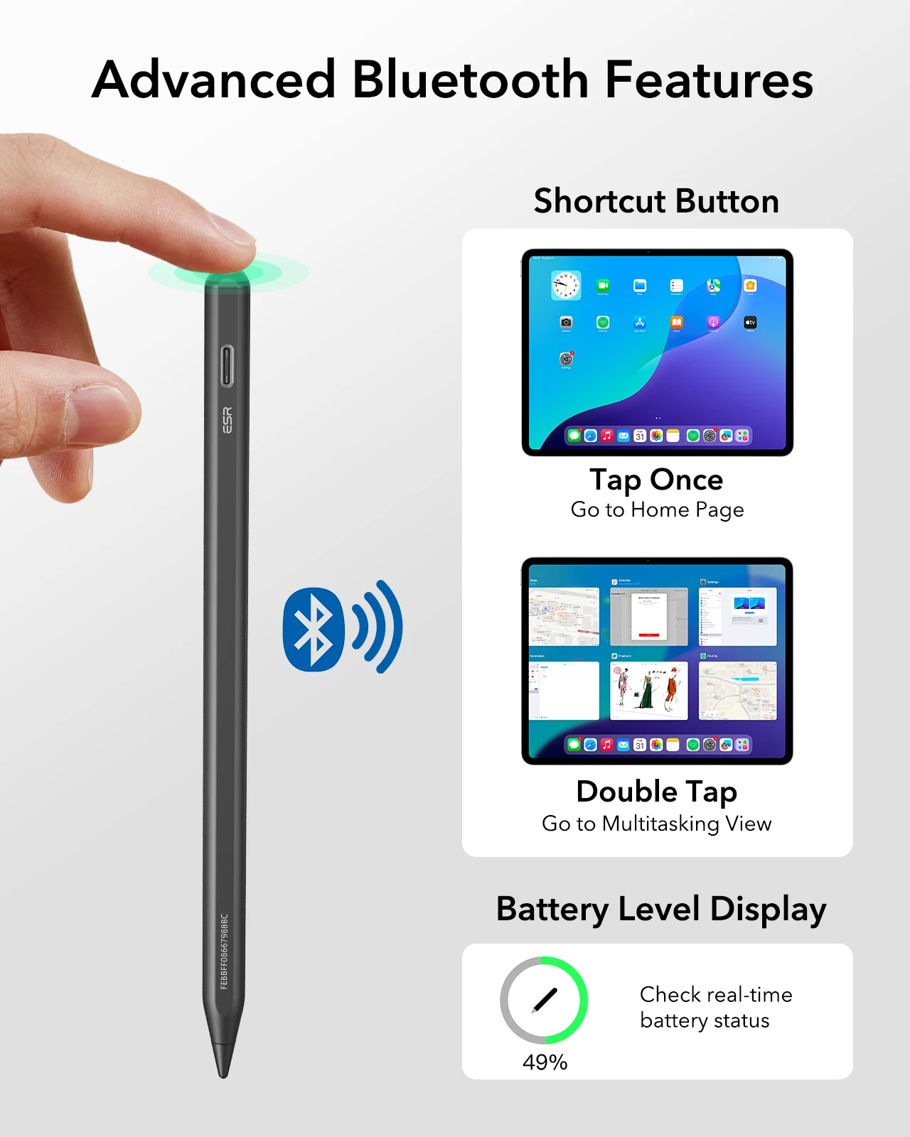 قلم رصاص ESR Apple متوافق مع iPad 2018-2025 Findmy Geo iPad Digital PenAcil شحن سريع لجهاز iPad Pro 12.9/13/11&Air 11/13