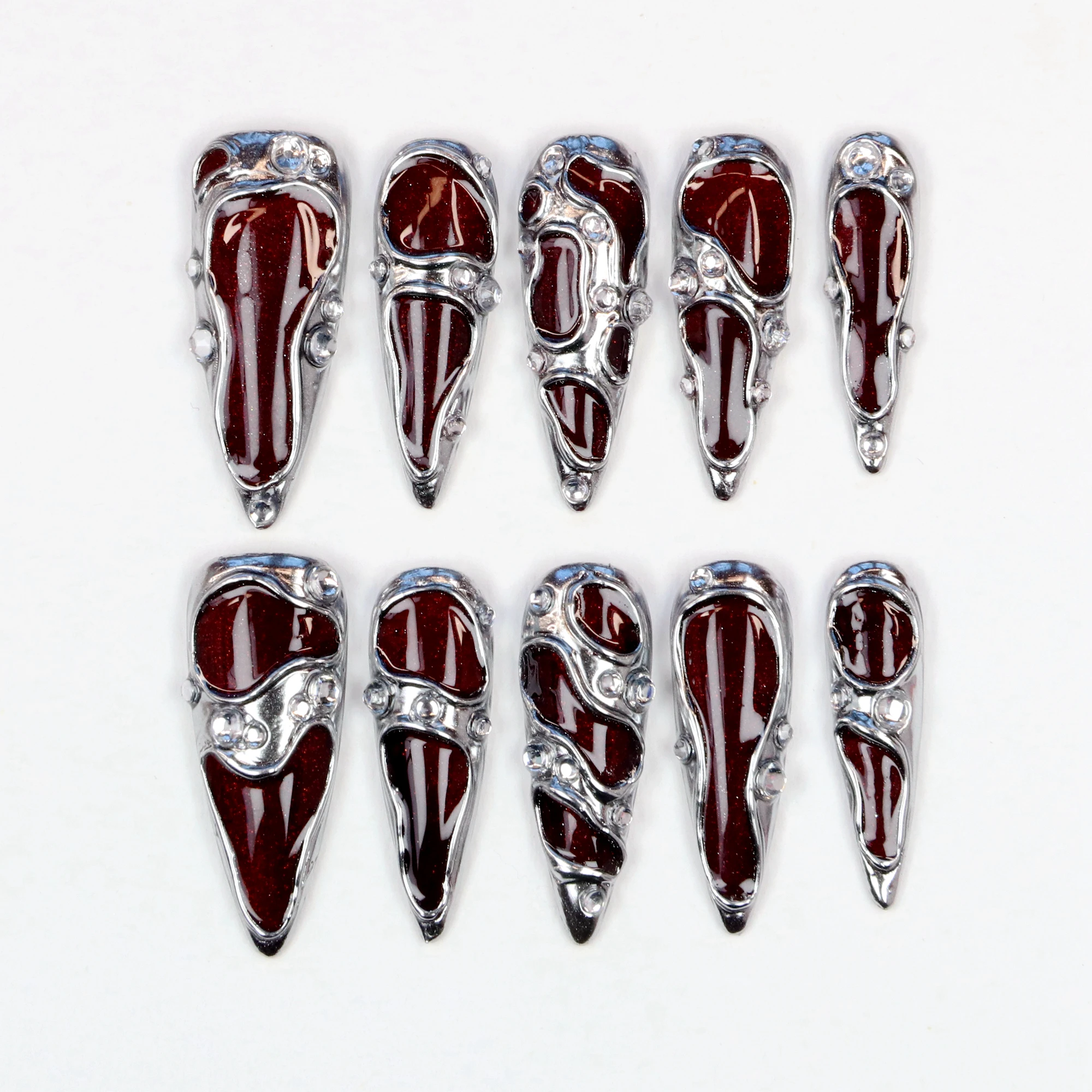 10Pcs Long Stiletto Press-On Nails Glossy Hand-Painted Purple Flower Design for Wedding Events Custom Nail Art