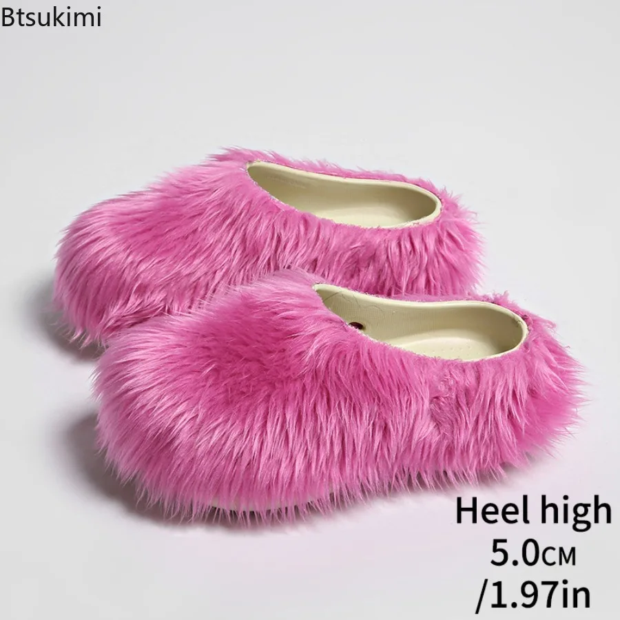 2026 New Fluffy Faux Fur Mule Slippers Platform Thick Sole Height Boost Non-Slip Memory Foam Fashion Comfortable Womens Shoes