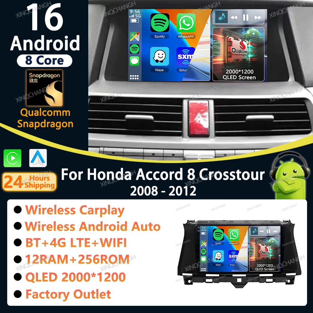 Radio para Auto Android 16 con Carplay para Honda Accord 8 Crosstour 2008-2012, Kit de Panel de Montaje para Tablero, Accesorios de Audio y Video 2 DIN