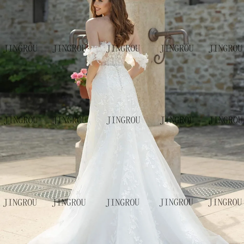 Exquisite Customized V-neck Open Back A-line Wedding Dress Detachable 3D Lace Flower Straps And Lace Applique Train Bridal Gown