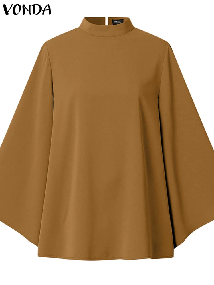 VONDA Fashion Shirts Women Elegant Blouse Office Tunic 2025 Casual Stand Collar Tops 3/4 Flare Sleeve Oversized Blusas Female