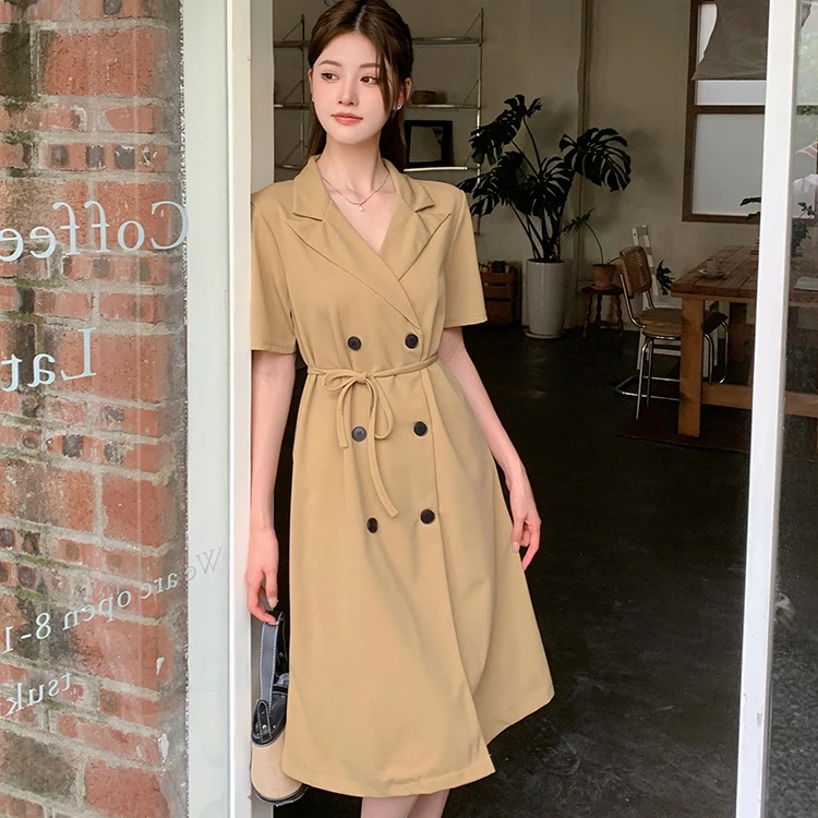 

French Style solid Double breasted Bodycon Dress Women Short Sleeve Vintage Suit Dress Summer Office Lady black Dresses vestidos