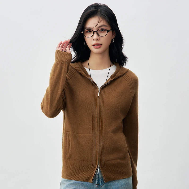 

Autumn Hooded Women's Merino Wool Cardigan Zipper Needle Solid Color Knitted Sweater High Quality Soft Casual Clothing Top