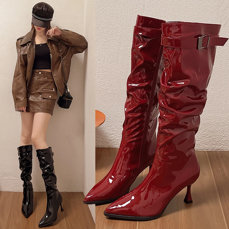 High Appearance Level Fine Heel Pointed Pleated with Fleece Warm Comfortable Non-slip Breathable Tall Fashion Boots for Women