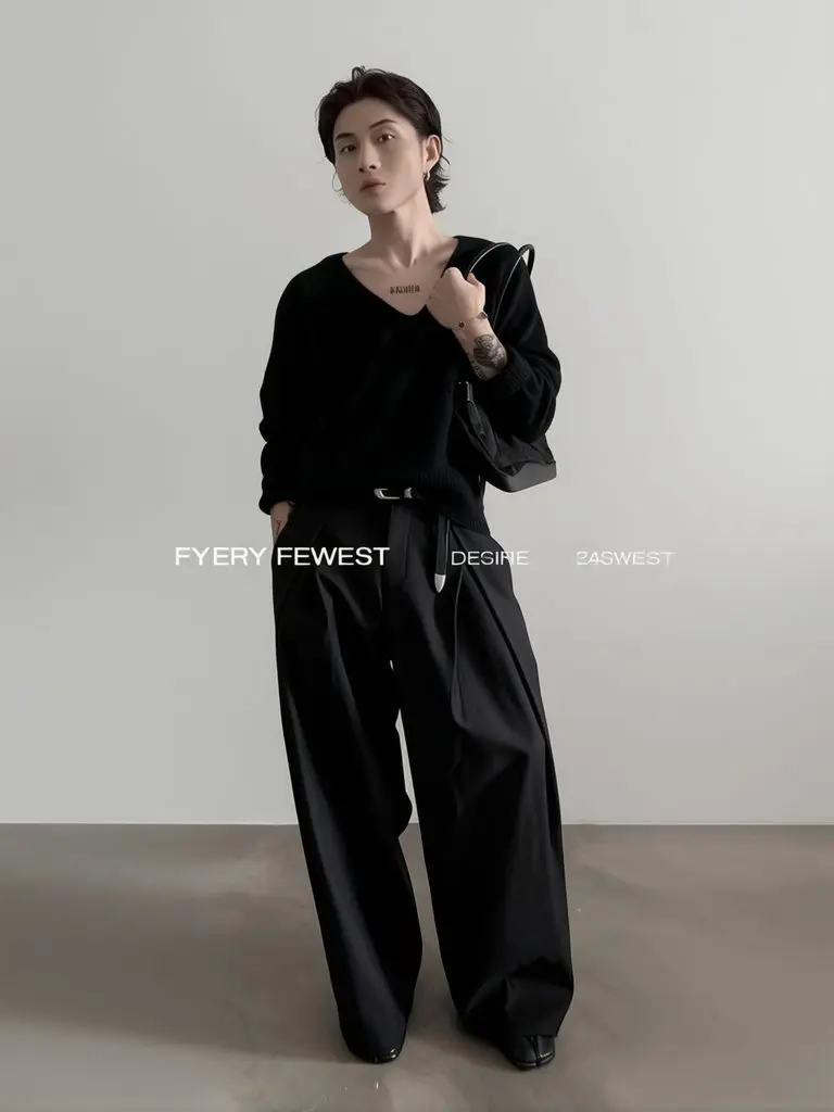 Harajuku Work Wear Wide Leg Suit Pants Men Business Pleated Curved Straight Long Trousers Streetwear Loose Casual Baggy Pants