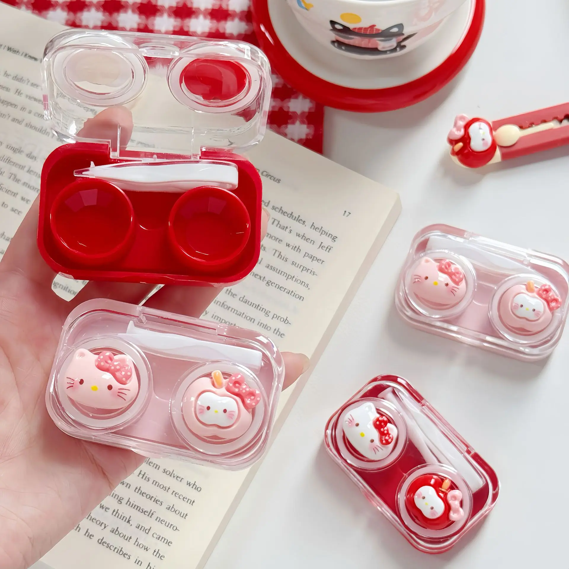 

Hello Kitty Mini Contact Lens Case Ashion Portable Contact Lens Case with Tweezer Suction Stick Set for Travel Kit Holder Gifts