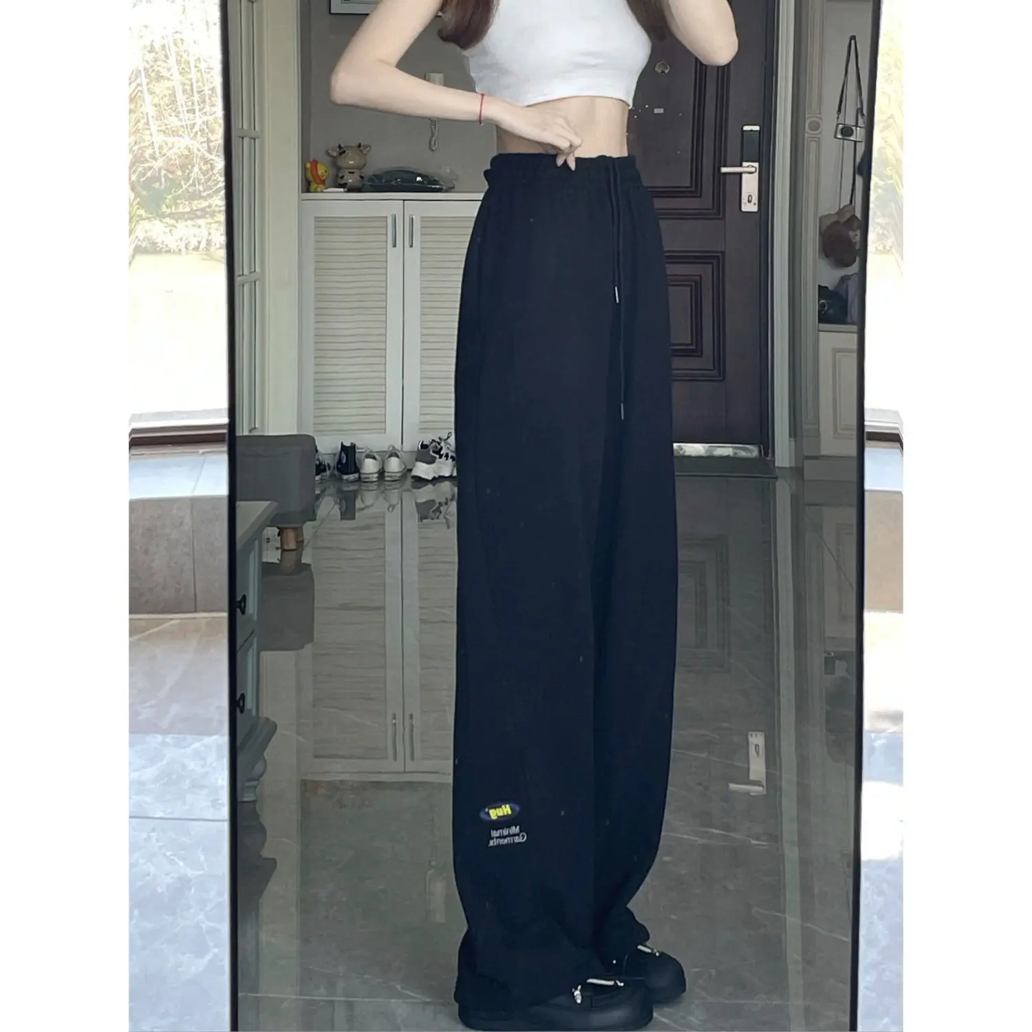 

Женские спортивные брюки Bla с высокой талией, свободные, повседневные, широкие штанины, корейский стиль, хлопок, удобные, весенние, новинка, большие размеры