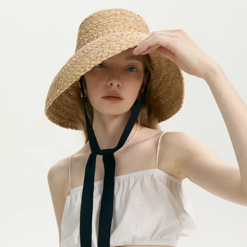 USPOP Large Brim Raffia Straw Hat Women Spring Summer French Style Sun Hat wIth Straps