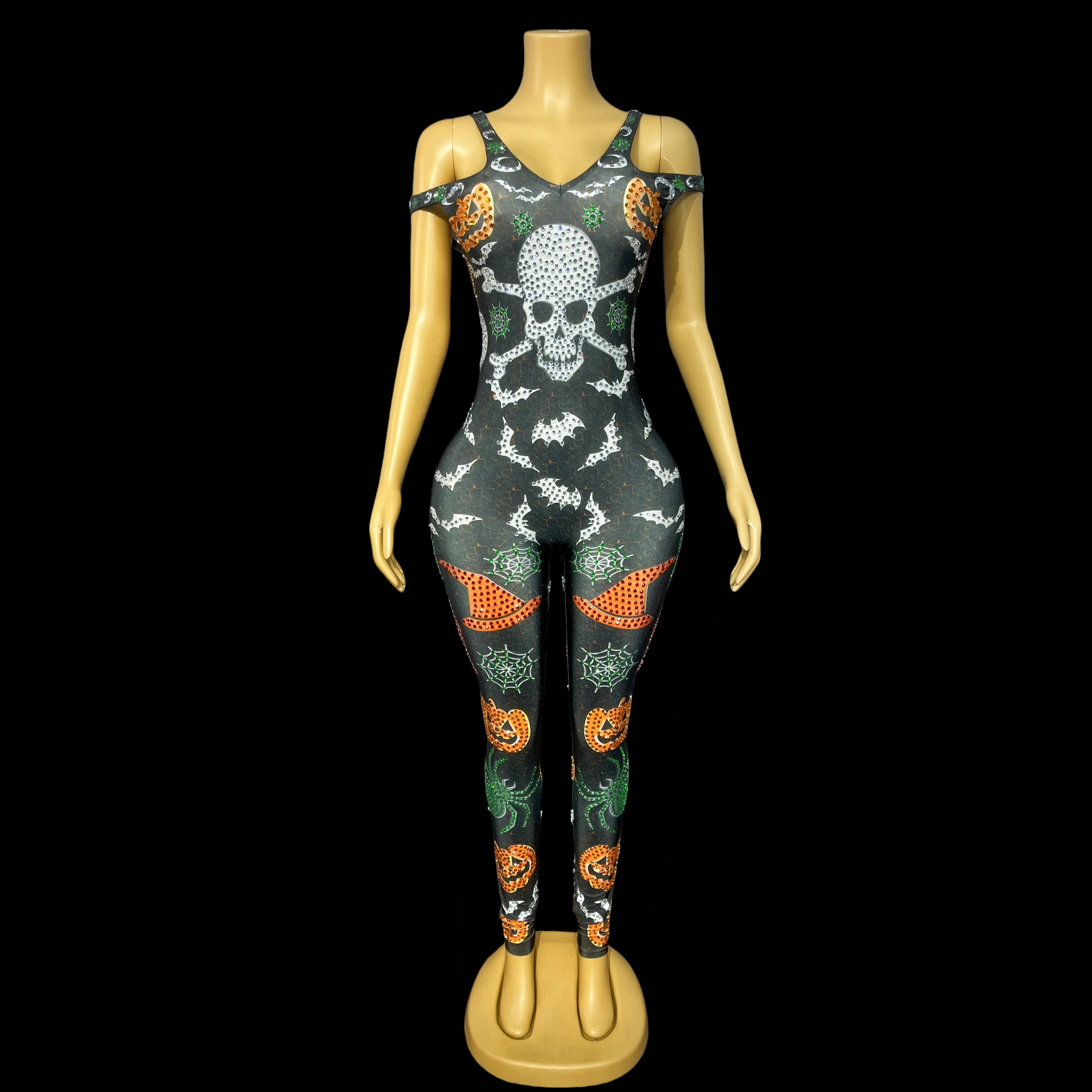 할로윈 코스프레 의상 점프 슈트 해골 라인스톤 섹시한 빛나는 스트레치 바디 슈트 댄스 컬렉션 xiaonangua