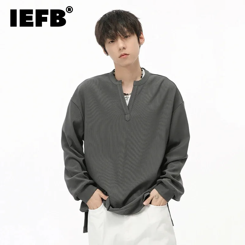 

IEFB Korean Style Men's Shirts V-neck Solid Color Long Sleeve New Trendy Pullover Male Tops New Autumn Simple Menwear 9C7209