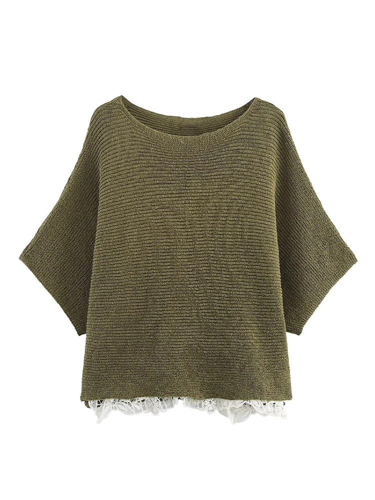 

HH Women Autumn Fashion Crew-Neck Stitching Short Sleeve Knitted Top Female Elegant Lace Embellished Loose Casual Blouse Top