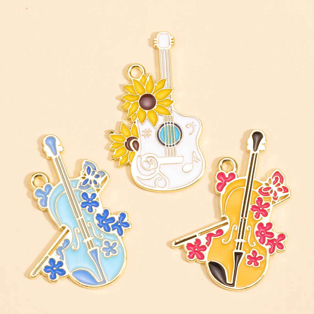 10Pcs Fashion Enamel Flower Pattern Guitar Cellos Charms Pendant Fit DIY Jewelry Making Musical Instruments Keychain Accessories