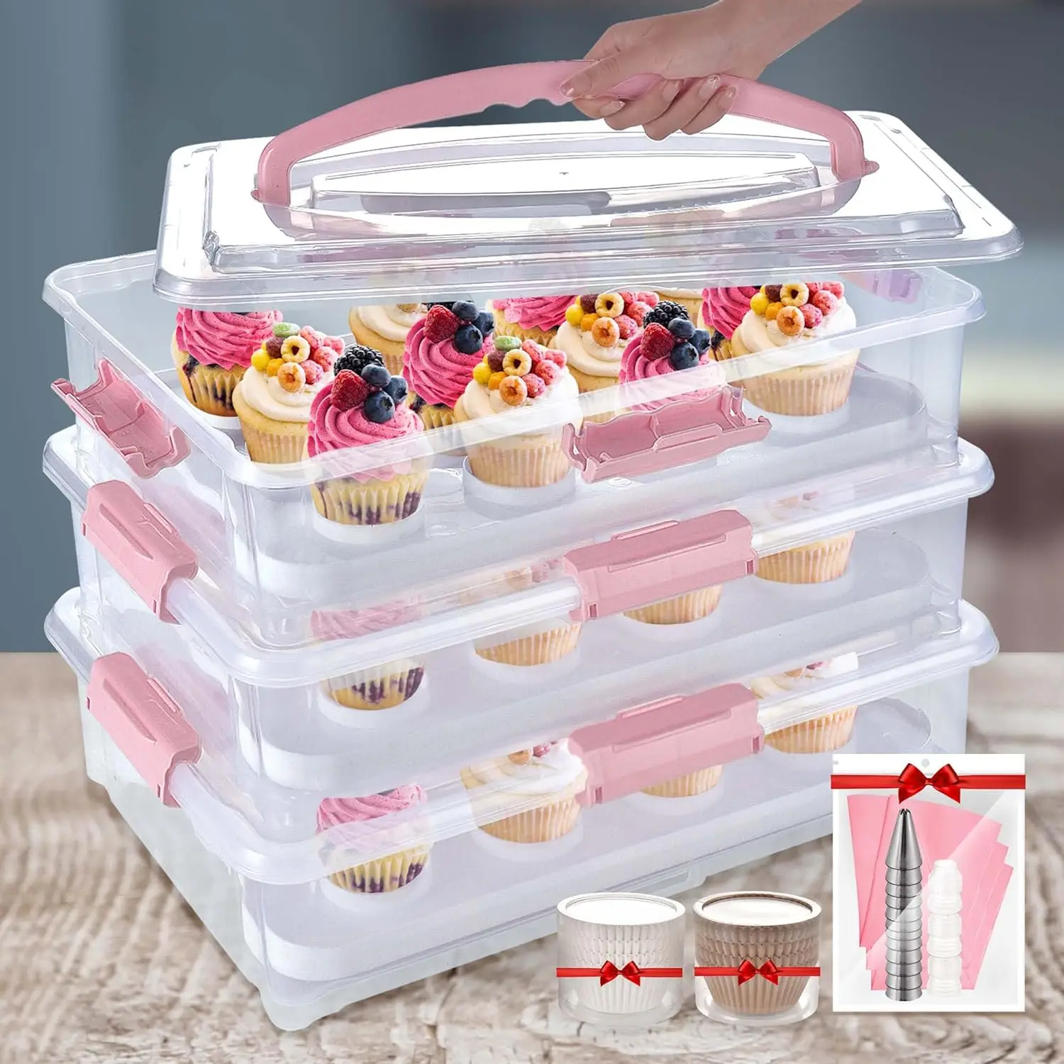 ARC 3-tiers Cupcake Carrier (Pink) - Cupcake Holder and Cake Transport Container that Holds  to 36 Cupcakes or 3 Large Cakes - B