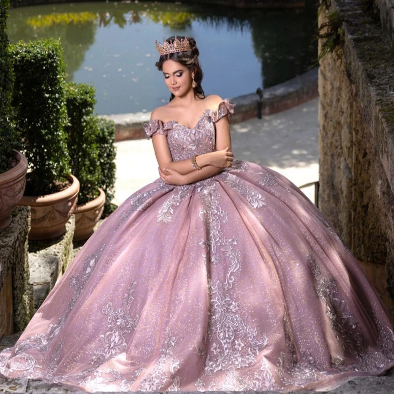 Pink Shiny Quinceanera Dress 2024 Off Shoulder Princess Prom Ball Gown Sweet 16 XV Years Old Miss Birthday Pageant Mexican Dress