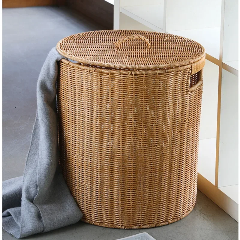 

Imitation Rattan Laundry Basket Round With Cover Storage Basket Bathroom Organizer Basket Versatile Practical Clothes Baskets