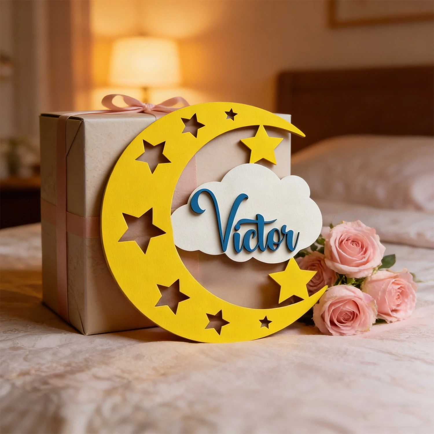 1pc Double-layer Children's Room Wooden Surname Brand, Multi-layer Customized Gift, Moon and Cloud Shaped, Holiday Gift