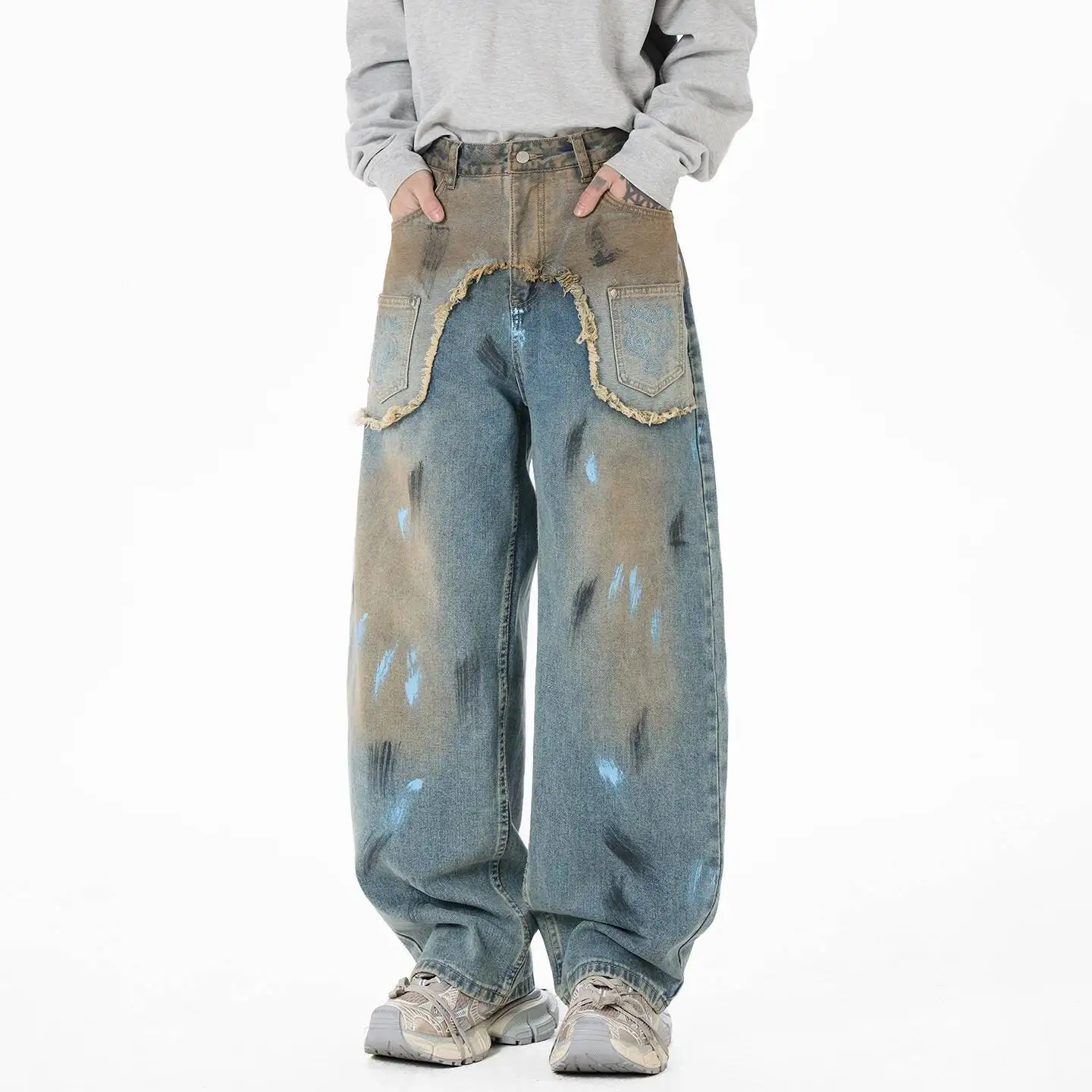 Refined Men's Wide Leg Jeans American Casual Minimalist High End Denim Distressed Paint Design Oversized Fit Pants 9XHVFX