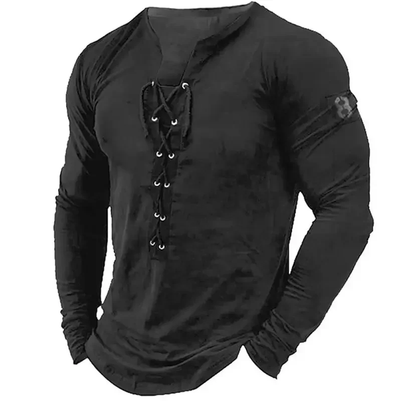 2023 New Men's Long Sleeve Henley Shirt Solid Color Leading Top Casual Beach Bottom Top