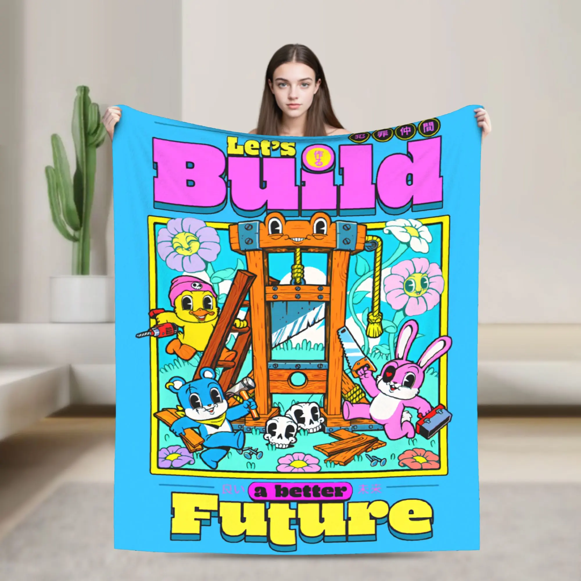 Let's Build a Better Future Flannel Blankets Happy Tree Friends Funny Throw Blanket for Home Hotel Sofa  200x150cm Bedspread