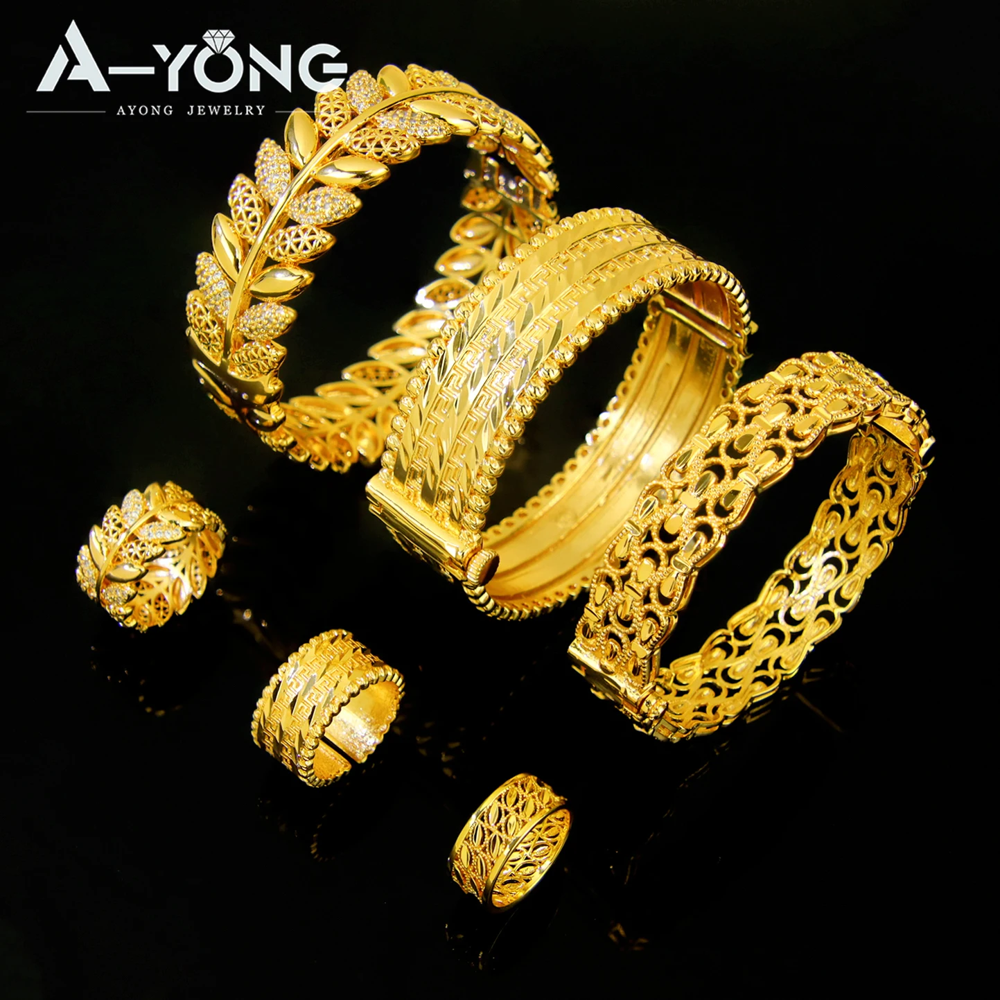 

Dubai Wedding Open Bangles Ring Set 21k Gold Plated Nigeria Bridal Luxury Bracelet Arabic Women Daily Party Jewelry Gifts
