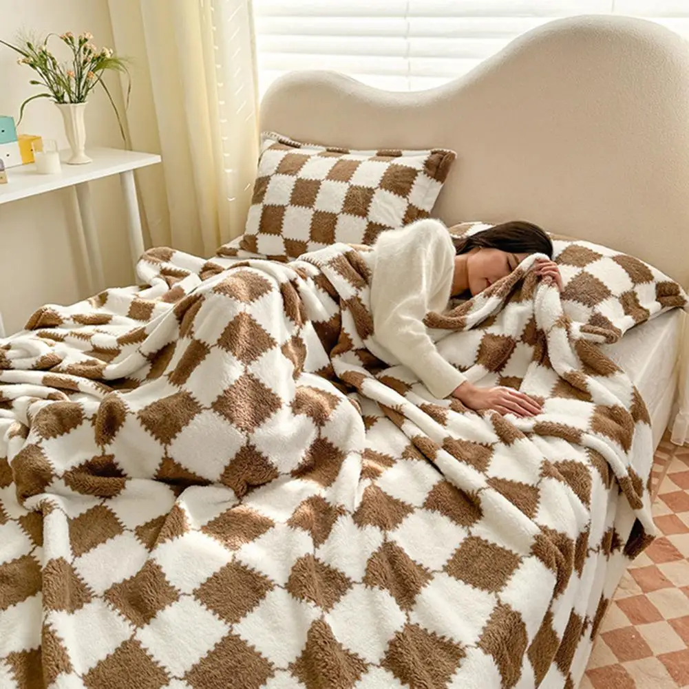 Winter Throw Blanket Contrast Color Plaid Printing Dual-sided Bedroom Living Room Decoration Office School Nap Blanket Flannel C