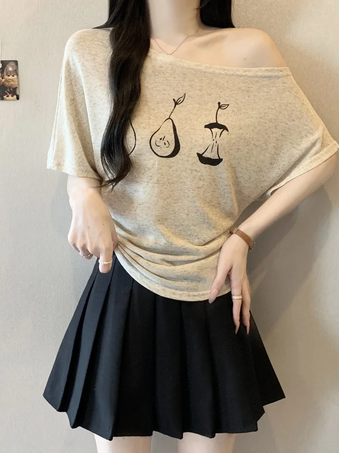 

plus Size Casual Shoulder Bared Printed Short Sleeve T Shirt Women Summer New Style Slimming Versatile Design Folded Top